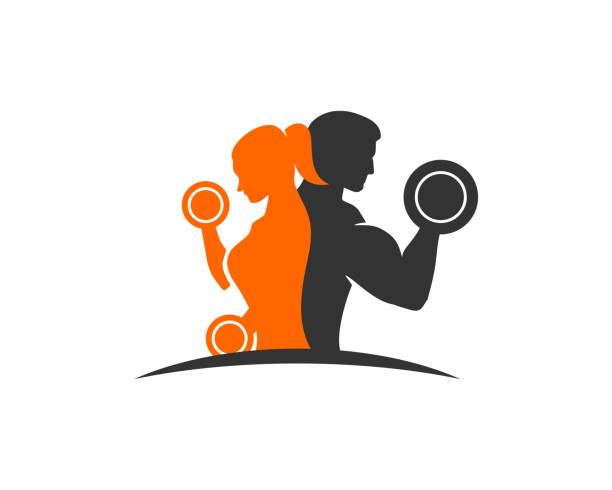 Couple fitness  Silhouette of a man / athlete and slender woman with dumbbells.