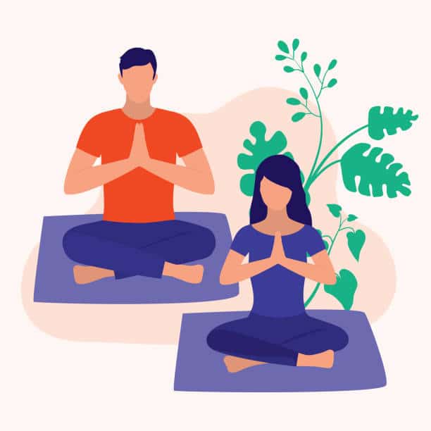 Young Man And Woman Doing Yoga.